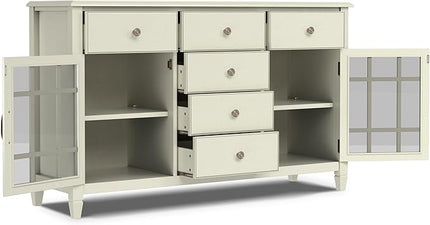 SIMPLIHOME Connaught Low Storage Cabinet, 60 inch, Antique White - LeafyLoom