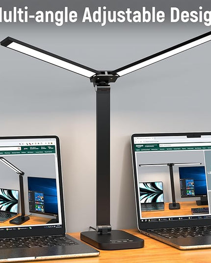 Adjustable Foldable Desk Lamp for Home Office - Double Swing Arm Bright LED Desk Light, Eye-Caring Architect Task Lamp, Touch Control Desktop Lamp Dimmable Table Desk Light for Work/Study/Craft - LeafyLoom