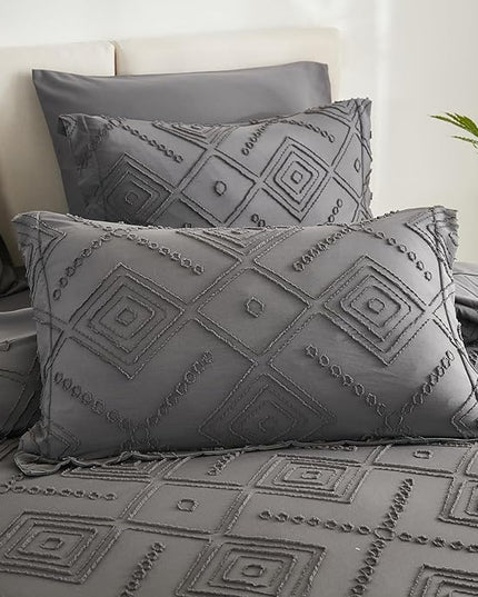EMME Queen Comforter Set - 7 Pcs Dark Grey Boho Bedding Sets, Full Size Tufted Comforter with Sheets, Shabby Chic Embroidery Queen Bed Set Fluffy Bed Bag for All Season(90"X90") - LeafyLoom