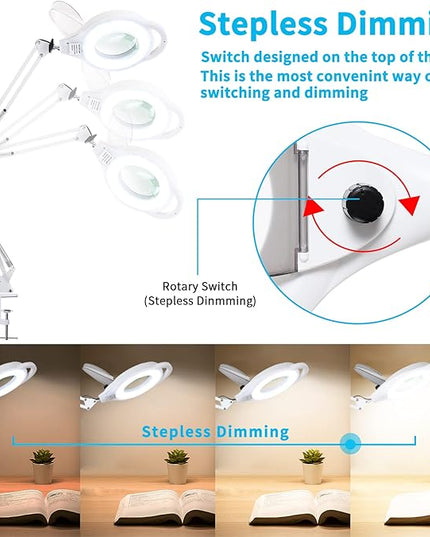 10X Magnifying Lamp with Clamp, 2200 LM Super Bright and Stepless Dimming Magnifying Glass with Light, Real Glass Lens Lighted Magnifier Lamp for Close Work, Crafts, Reading, Repair -White - LeafyLoom