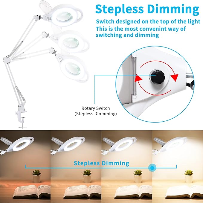10X Magnifying Lamp with Clamp, 2200 LM Super Bright and Stepless Dimming Magnifying Glass with Light, Real Glass Lens Lighted Magnifier Lamp for Close Work, Crafts, Reading, Repair -White - LeafyLoom