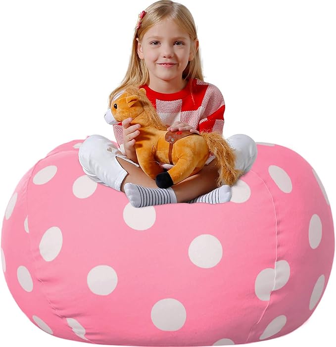 Aubliss Stuffed Animal Bean Bag Storage Chair (Light Pink Dot, Medium (32'')) - LeafyLoom