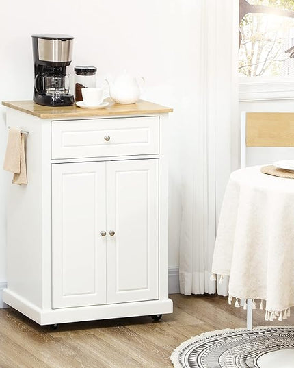 HOMCOM Rolling Kitchen Island Cart, Portable Serving Trolley Table with Drawer, Adjustable Shelf and 2 Towel Racks, Cream White - LeafyLoom