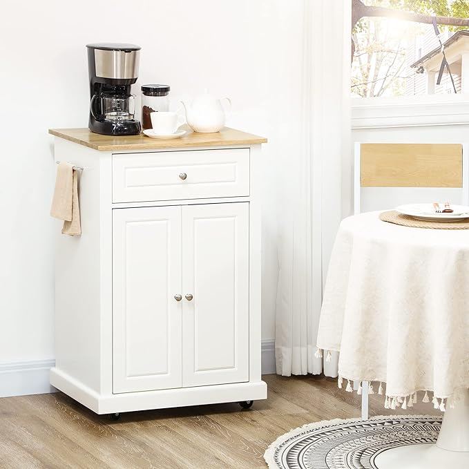 HOMCOM Rolling Kitchen Island Cart, Portable Serving Trolley Table with Drawer, Adjustable Shelf and 2 Towel Racks, Cream White - LeafyLoom