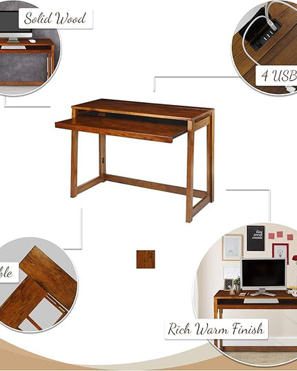 Casual Home Pull-Out & USB Port Folding Desk, Warm Brown (New) - LeafyLoom