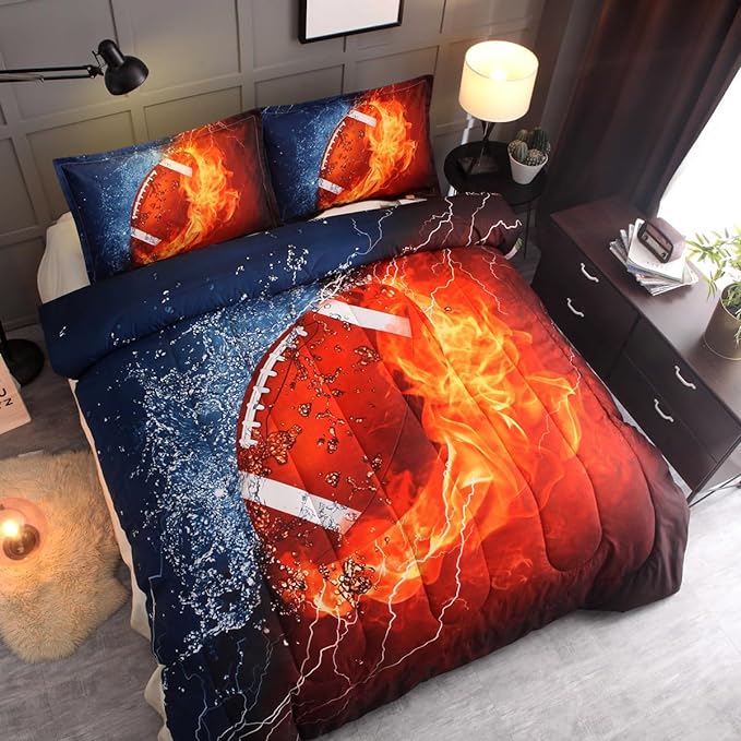 NTBED American Football Comforter Set for Boys Teens,3D Sports Bedding Full Size 6pcs,Rugby Printed Quilt Sets with 2 Matching Pillow Shams - LeafyLoom