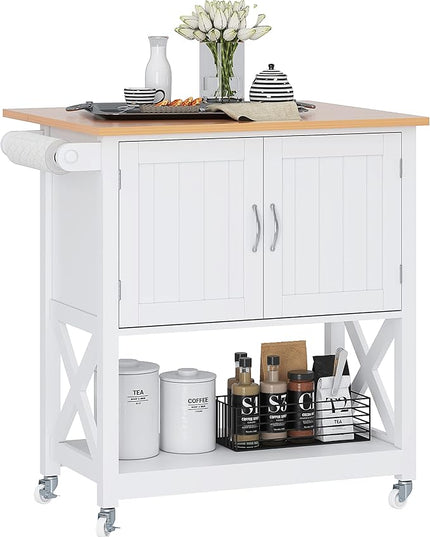 Spirich Home Kitchen Island on Wheels, Rolling Cart with Storage Cabinet, Small Kitchen Island with Drop Leaf and Towel Rack for Dining Room, White - LeafyLoom