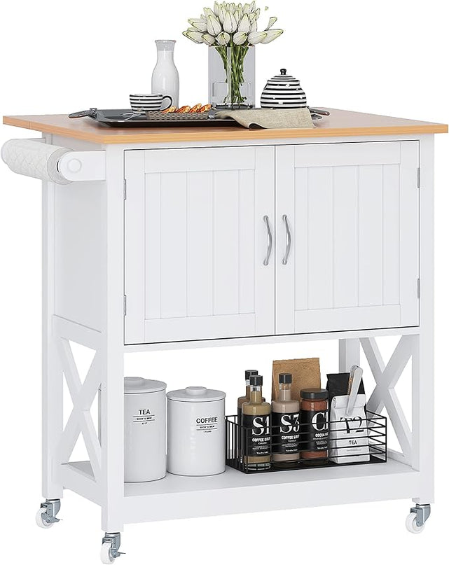 Spirich Home Kitchen Island on Wheels, Rolling Cart with Storage Cabinet, Small Kitchen Island with Drop Leaf and Towel Rack for Dining Room, White - LeafyLoom