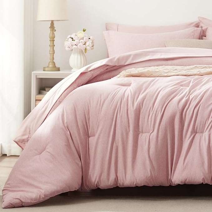 UNILIBRA King Comforter Set 7 Pieces Bed in a Bag - Pink King Soft Bedding Set for All Seasons - Cationic Dyeing Bed Comforter Sets with Comforter, Flat Sheet, Fitted Sheet, Pillowcases & Shams - LeafyLoom