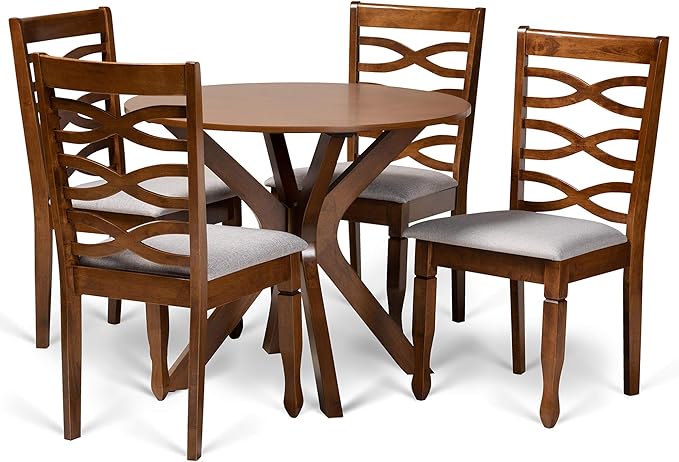 Baxton Studio Mila Modern and Contemporary Grey Fabric Upholstered and Walnut Brown Finished Wood 5-Piece Dining Set - LeafyLoom