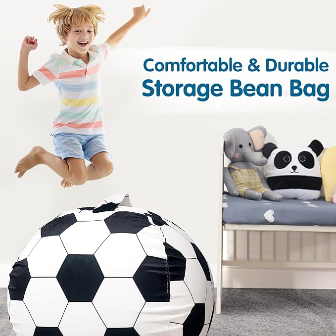 Lukeight Stuffed Animal Storage Bean Bag Chair Cover for Kids, Soccer Zipper Beanbag Chair Cover for Organizing Toddler & Kids' Rooms Plush Toys (Soccer Velvet, X-Large) - LeafyLoom