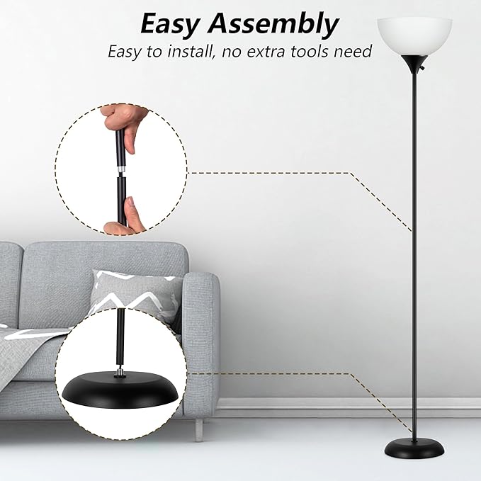Floor Lamps for Living Room, Dimmable LED Modern Simple Standing Lamp, Tall Lamps for Bedroom Office Dining Room Kitchen, Minimalist Black Pole Lamp with Rotary Switch, 9W LED Bulb Included - LeafyLoom