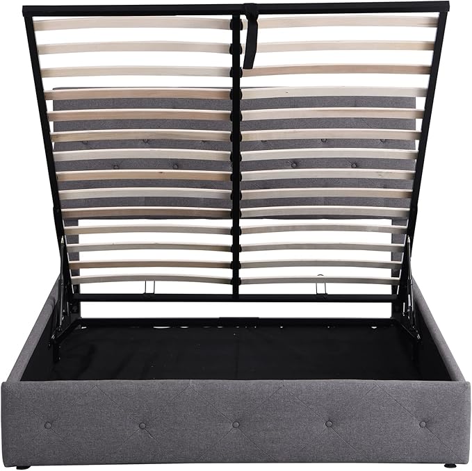 Queen Size Upholstered Platform Bed with Hydraulic Storage System, Lift Up Storage Bed Full Size with Headboard and Button Tufted, Wooden Bedframe for Teens Adults - LeafyLoom