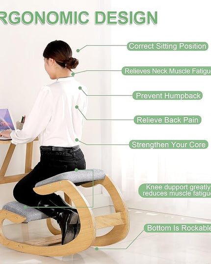 Predawn Ergonomic Kneeling Chair,Rocking Knee Chair Upright Posture Chair for Home Office Meditation Wooden & Linen Cushion-Office Chair for Back Neck Pain Relief & Improving Posture (White Oak-Grey) - LeafyLoom
