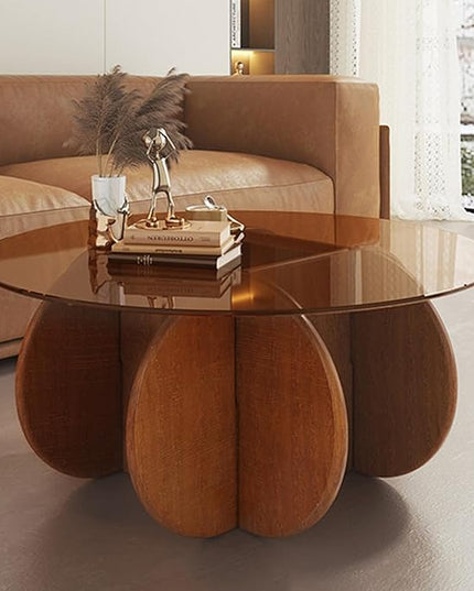Modern Round Coffee Table with Solid Wood Legs, 31.5'' Glass Coffee Tables for Living Room Rustic Circle Center Cocktail Table with Tempered Glass-Top, Unique Accent Table for Small Spaces - LeafyLoom