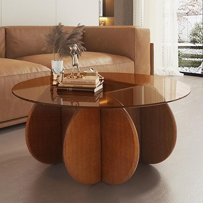 Modern Round Coffee Table with Solid Wood Legs, 31.5'' Glass Coffee Tables for Living Room Rustic Circle Center Cocktail Table with Tempered Glass-Top, Unique Accent Table for Small Spaces - LeafyLoom