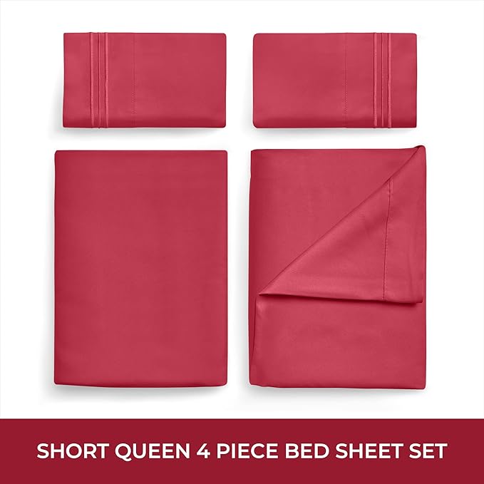 Mellanni RV Short Queen Sheets - 4 PC Iconic Collection Bedding Sheets & Pillowcases - Hotel Luxury, Extra Soft, Cooling Bed Sheets - Deep Pocket up to 10 inch (RV/Short Queen, Brick Red) - LeafyLoom