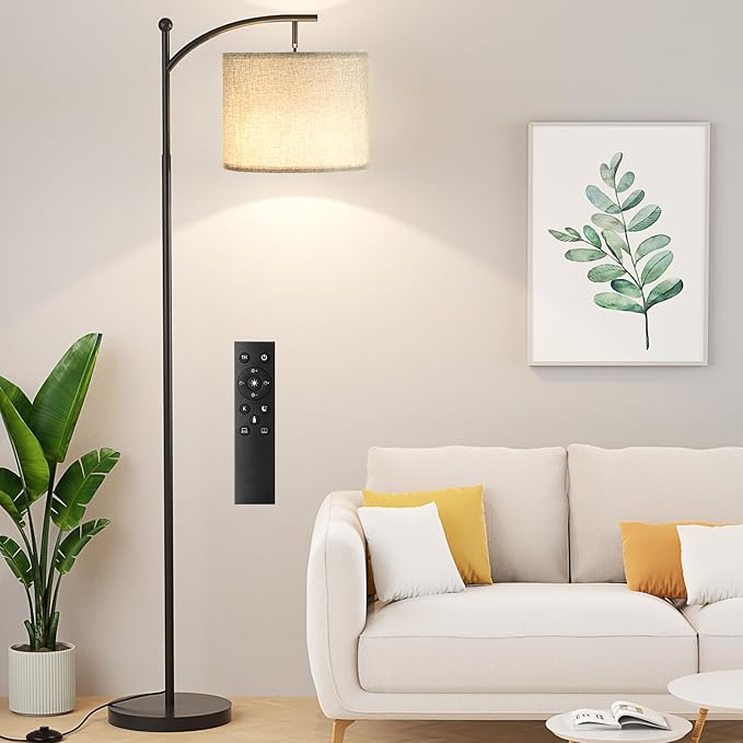 Ambimall Floor Lamp with Remote Control and Stepless Dimmable Bulb, Colors Temperature & Brightness Adjustable, Modern Floor Lamps for Living Room（Grey Shade & Black Pole） - LeafyLoom