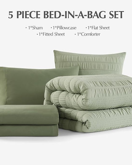 CASAAGUSTO Twin XL comforter Set, 5 Pieces Sage Green Seersucker Bed in a Bag Twin Soft All Seasons, Twin XL Bedding Sets with Comforter, Flat Sheet, Fitted Sheet, 1 Pillow Sham, 1 Pillowcase - LeafyLoom