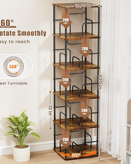 5 Tier Square Rotating Bookshelf, 360 ° Display Stackable Spinning Bookshelf Tower, Space Saving Tall Floor Standing Swivel Bookcase Corner Storage Organizer for Bedroom, Living Room, Rustic Brown - LeafyLoom