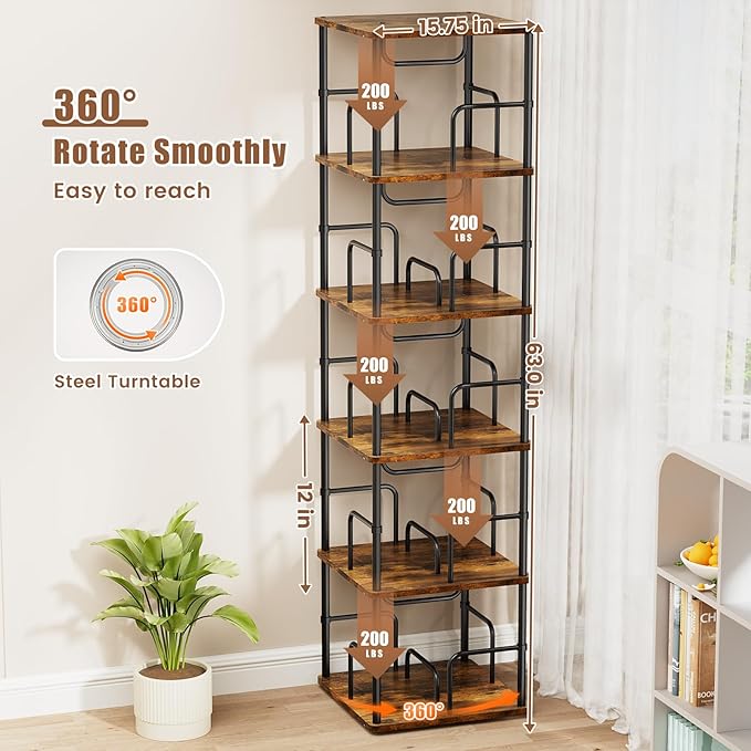 5 Tier Square Rotating Bookshelf, 360 ° Display Stackable Spinning Bookshelf Tower, Space Saving Tall Floor Standing Swivel Bookcase Corner Storage Organizer for Bedroom, Living Room, Rustic Brown - LeafyLoom