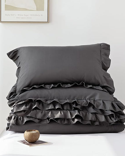 JANZAA Dark Grey Comforter for Queen Size Bed Queen Comforter Set with Ruffles 3PCS (1 Gray Comforter and 2 Pillowcases) Shabby Chic Bedding Comforter Sets Soft Fluffy Bed Set for All Season - LeafyLoom
