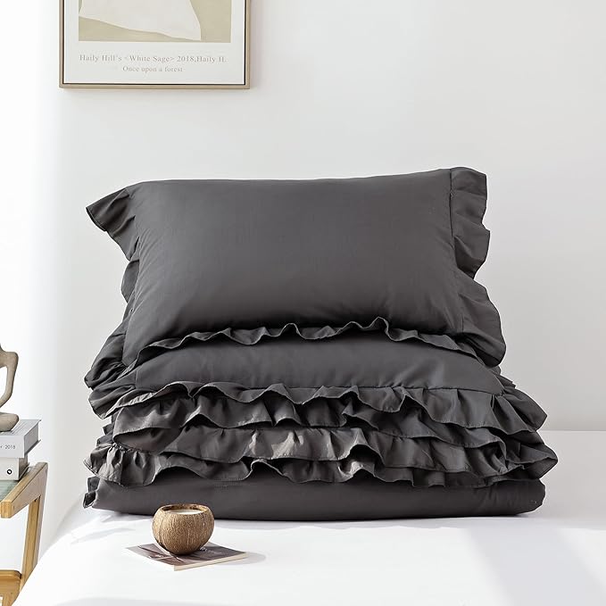 JANZAA Dark Grey Comforter for Queen Size Bed Queen Comforter Set with Ruffles 3PCS (1 Gray Comforter and 2 Pillowcases) Shabby Chic Bedding Comforter Sets Soft Fluffy Bed Set for All Season - LeafyLoom