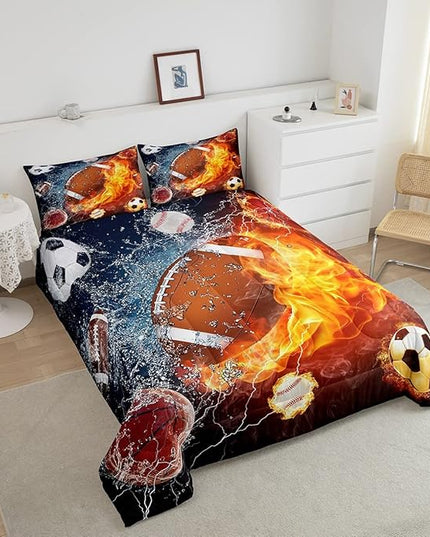Erosebridal Football Comforter Set Full Rugby Sports Bedding Set for Teen Boys Kids,Soccer Basketball Baseball Comforter Red Blue Water Fire Lightning Quilt Duvet Insert Bedroom Decor 2 Pillow Cases - LeafyLoom