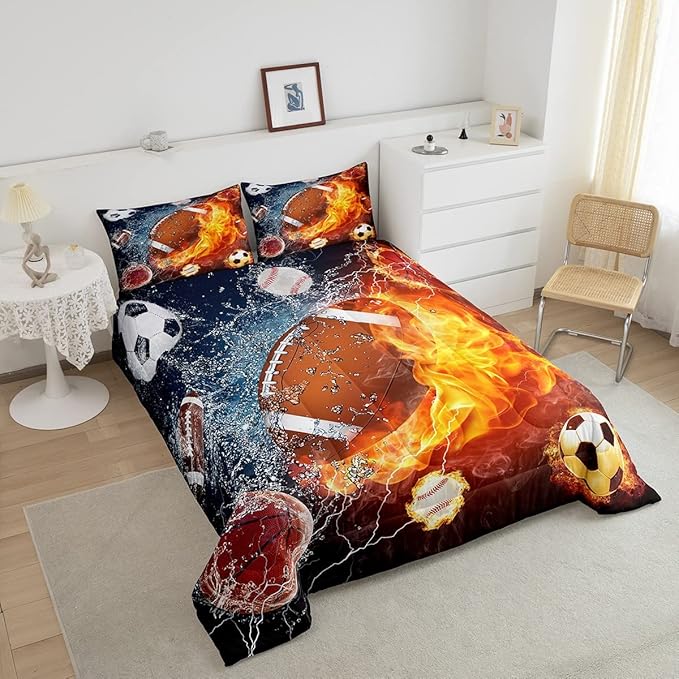 Erosebridal Football Comforter Set Full Rugby Sports Bedding Set for Teen Boys Kids,Soccer Basketball Baseball Comforter Red Blue Water Fire Lightning Quilt Duvet Insert Bedroom Decor 2 Pillow Cases - LeafyLoom