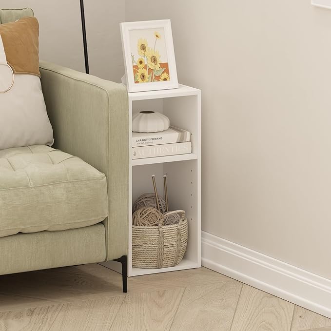 Furinno Fulda 2-Tier Space Saving Storage Shelf Bookcase, 10-Inch Width, White - LeafyLoom