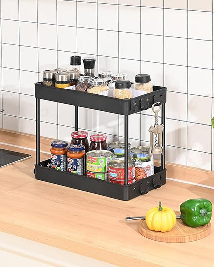 TOOLF Rolling Storage Cart, 3 Tier Utility Cart on Wheels, Bathroom Rolling Cart Organizer with Divider & Hooks, Mobile Shelving Unit Storage Cart for Laundry Kitchen Dorm, Matte Black - LeafyLoom