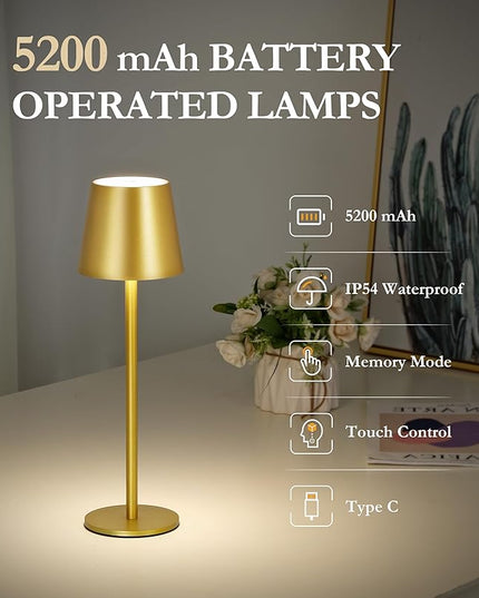 2Pack Gold Cordless Table Lamp, 5200mAh IP54 Waterproof Rechargeable Battery Desk Lamp, 3 Color Stepless Dimming Up，Battery Operated Lamp for Kitchen/Outdoor/Restaurant/Camping (Gold) - LeafyLoom