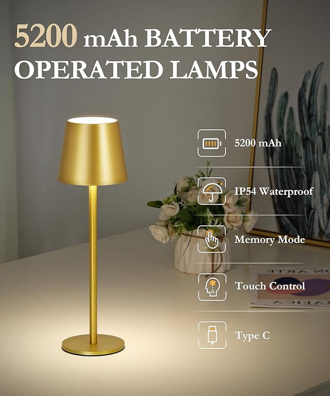 2Pack Gold Cordless Table Lamp, 5200mAh IP54 Waterproof Rechargeable Battery Desk Lamp, 3 Color Stepless Dimming Up，Battery Operated Lamp for Kitchen/Outdoor/Restaurant/Camping (Gold) - LeafyLoom