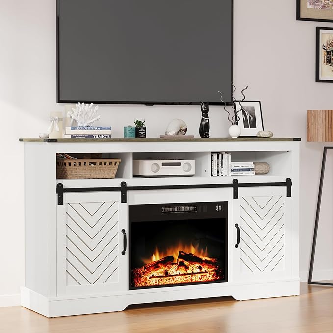 Fireplace TV Stand for 65+ Inch TV, Farmhouse Entertainment Center with 23" Electric Fireplace with Remote, Modern Rustic TV Console with Sliding Bar Door for Living Room,Antique White - LeafyLoom