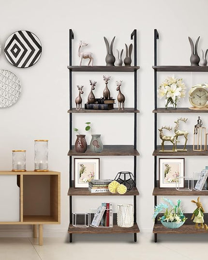 5 Tiers Ladder Shelf 2-Piece Black Modern Tall Bookshelf Open Large Tall Wall Mount Storage Bookcase Standing Leaning Wall Shelves Industrial Decorative - LeafyLoom