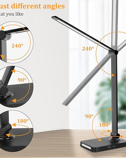 LED Desk Lamp with USB Ports,Touch Desk Lamps for Home Office with 5 Color Modes,3 Brightness Desk Light with Small Night Light,Reading Lamp Table Lamp for Bedroom Bedside Study Black （with adapter） - LeafyLoom