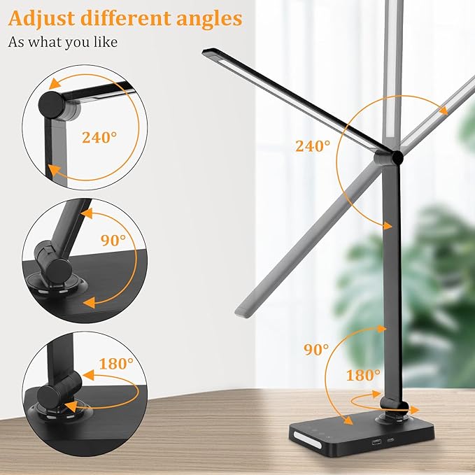 LED Desk Lamp with USB Ports,Touch Desk Lamps for Home Office with 5 Color Modes,3 Brightness Desk Light with Small Night Light,Reading Lamp Table Lamp for Bedroom Bedside Study Black （with adapter） - LeafyLoom