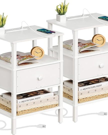 Lerliuo Nightstand Set of 2 with Charging Station and USB Ports, 3-Tier Storage End Table with Drawer Shelf, Night Stand for Small Spaces, Wood Bedside Table for Living Room, Bedroom - Elegant White - LeafyLoom