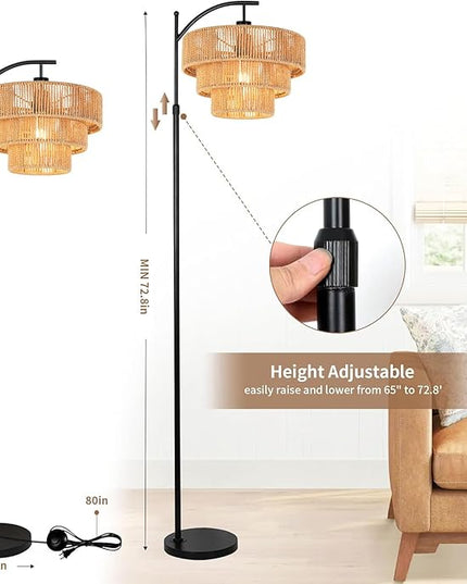 Boho Floor Lamp for Living Room with Remote,Arc Floor Lamps Rattan Standing Lamp Dimmable Farmhouse Tall Lamp with 3-Tier Wicker Lamp Shade Adjustable Black Floor Light for Bedroom Bohemian - LeafyLoom