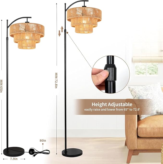 Boho Floor Lamp for Living Room with Remote,Arc Floor Lamps Rattan Standing Lamp Dimmable Farmhouse Tall Lamp with 3-Tier Wicker Lamp Shade Adjustable Black Floor Light for Bedroom Bohemian - LeafyLoom