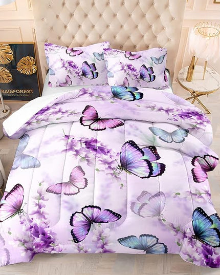 Purple Lavender Butterfly Comforter Set for Girl Kid Adult Colorful Butterfly Pattern Bedding Set Aesthetics Butterflies Quilt Bed Set Twin Size with 1 Comforter and 2 Pillowcases - LeafyLoom