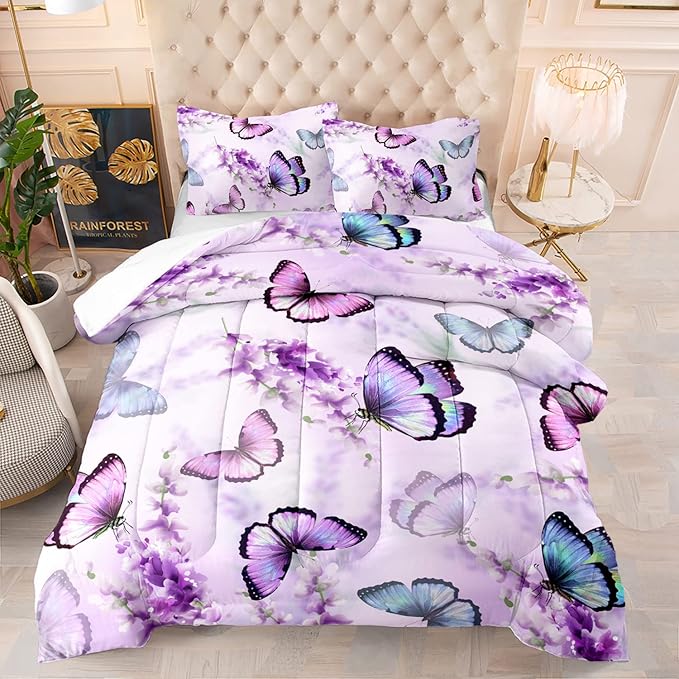 Purple Lavender Butterfly Comforter Set for Girl Kid Adult Colorful Butterfly Pattern Bedding Set Aesthetics Butterflies Quilt Bed Set Queen Size with 1 Comforter and 2 Pillowcases - LeafyLoom