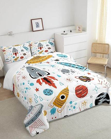 Erosebridal Outer Space Bedding Set Full Size Kids Boys Space Ship Rocket Comforter Set Cartoon Universe Stars Planet Down Comforter Cosmos Meteorite Quilt Duvet Set with 2 Pillow Cases - LeafyLoom