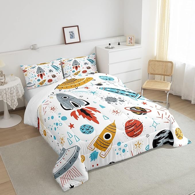 Erosebridal Outer Space Bedding Set Full Size Kids Boys Space Ship Rocket Comforter Set Cartoon Universe Stars Planet Down Comforter Cosmos Meteorite Quilt Duvet Set with 2 Pillow Cases - LeafyLoom