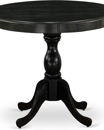 East West Furniture Antique 3 Piece Kitchen Set Contains a Round Dining Room Table with Pedestal and 2 Doeskin Linen Fabric Upholstered Chairs, 36x36 Inch, Wirebrushed Black - LeafyLoom