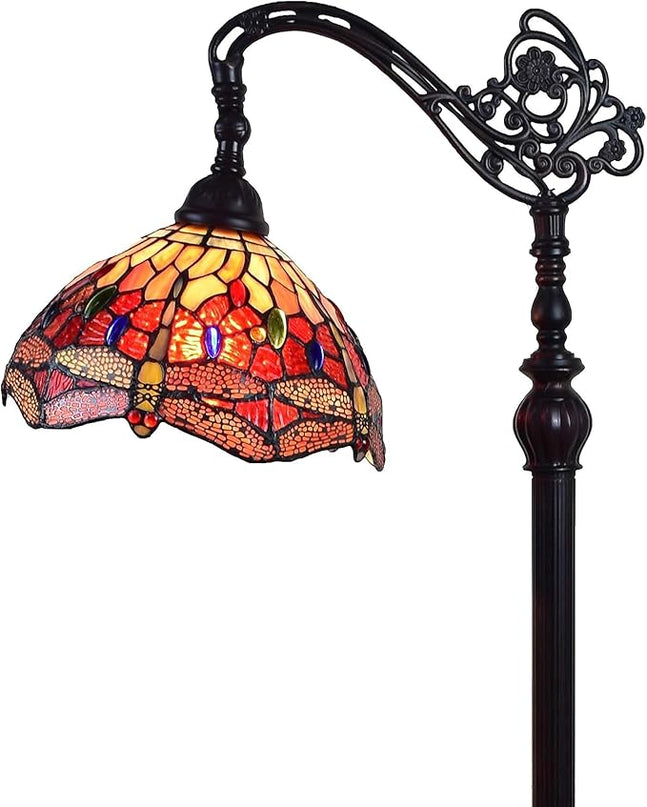 Amora Tiffany Style Floor Lamp Arched Adjustable 62" Tall Stained Glass Red Yellow Green Dragonfly Antique Vintage Light Decor Bedroom Living Room Reading Gift AM079FL10B Lighting - LeafyLoom