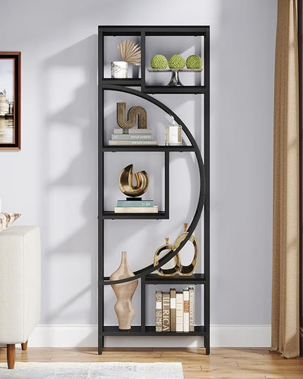 Bookshelf, 70.9” Wood Bookcases Open Shelves with Metal Frame, 7 Tier Tall Book Shelf, Freestanding Display Rack Storage Shelving Unit for Bedroom, Living Room, Easy Assembly (Black) - LeafyLoom