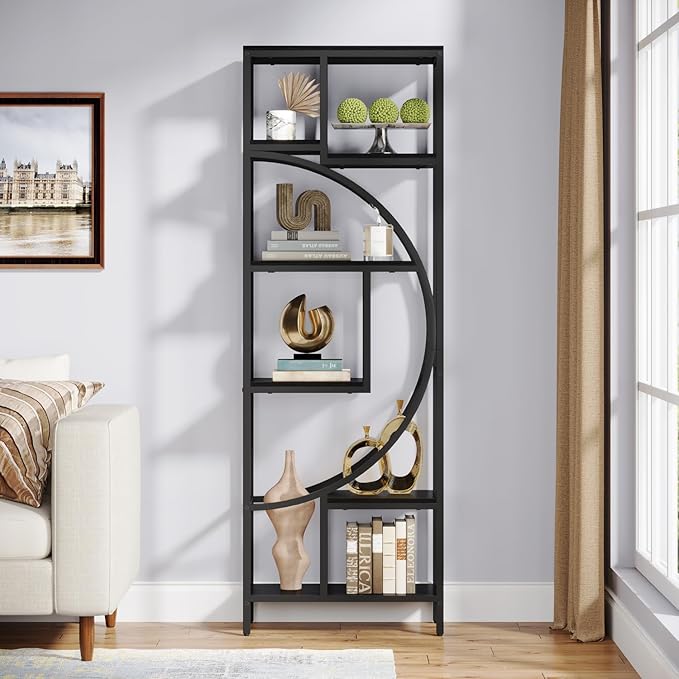 Bookshelf, 70.9” Wood Bookcases Open Shelves with Metal Frame, 7 Tier Tall Book Shelf, Freestanding Display Rack Storage Shelving Unit for Bedroom, Living Room, Easy Assembly (Black) - LeafyLoom