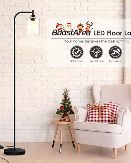 BoostArea Standing Lamp with Glass Shade, Modern Industrial Floor Lamp with Foot Switch, Bright 6W LED for Living Room and Bedroom - LeafyLoom