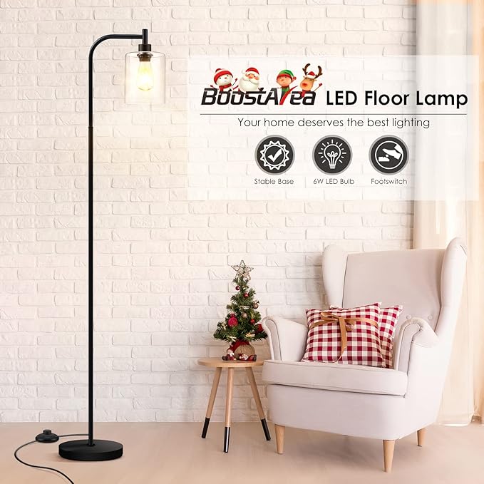 BoostArea Standing Lamp with Glass Shade, Modern Industrial Floor Lamp with Foot Switch, Bright 6W LED for Living Room and Bedroom - LeafyLoom